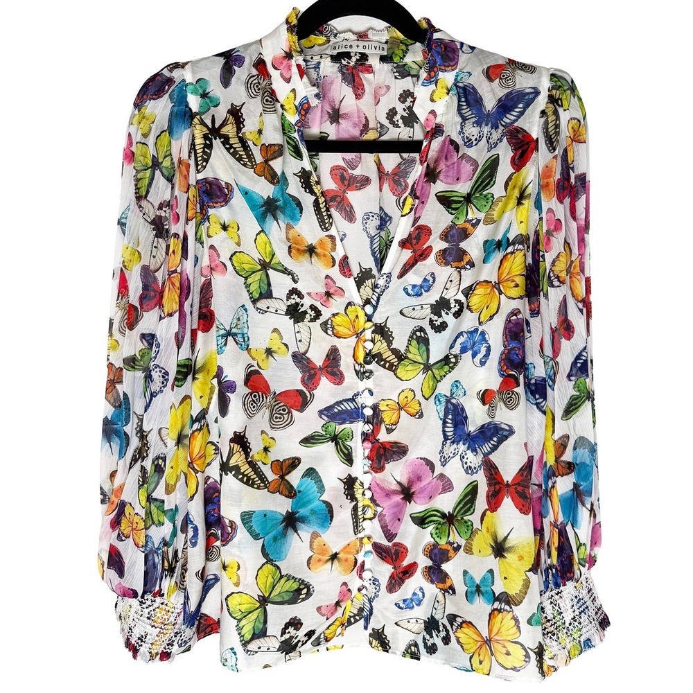 Alice + Olivia Women's Ilan Smocked Sleeve Button Front Blouse Butterfly High - Picture 4 of 11